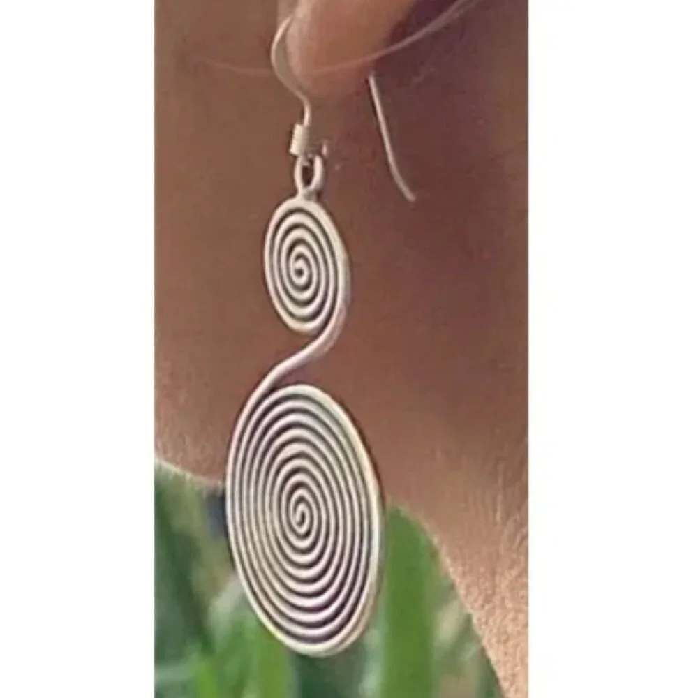 Large Silver-Tone Boho Spiral Tribal Hippie Statement Dangle Earrings